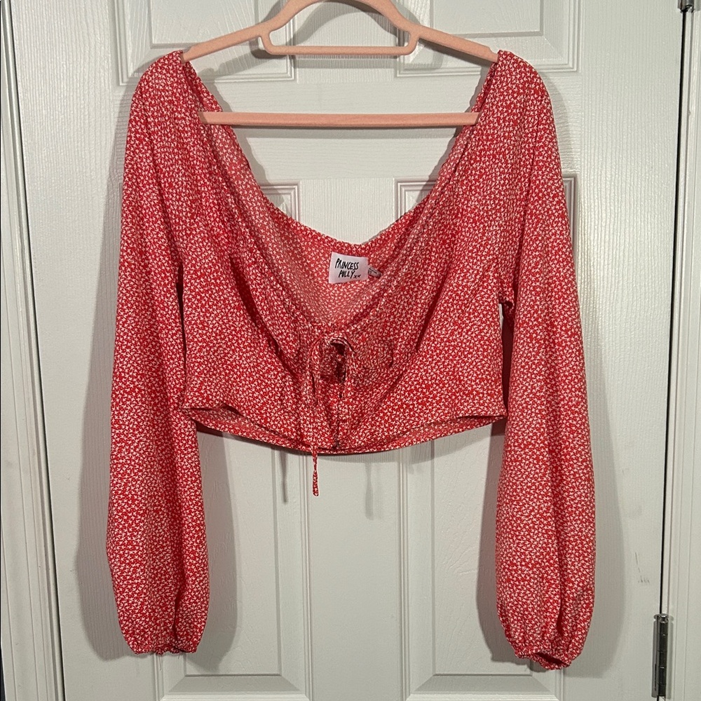 Princess Polly Red/Orange Floral Cropped bodice tie front covered buttons size 8